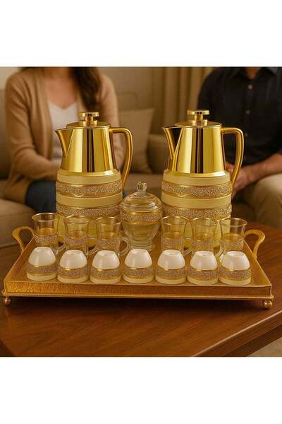 Radin Damanhoor 22-Piece Arabic Tea & Coffee Set - Gold Thermos & Glass Cups ...