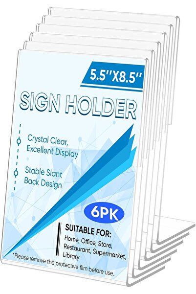 Slasa 6 Pack 5.5x8.5 Vertical L Shape Acrylic Sign Holder Clear Plastic Display Stand