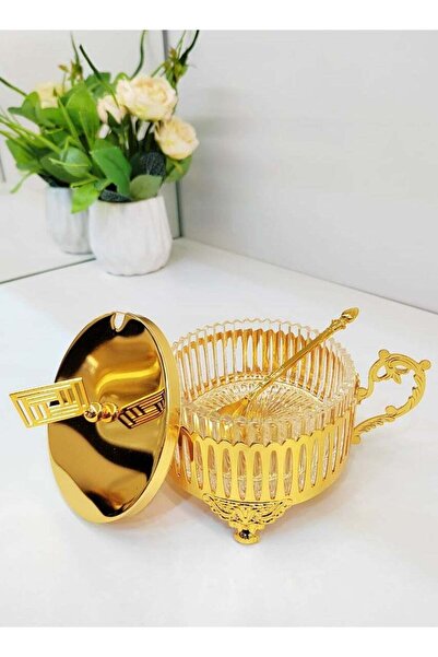 Generic Metal Sugar Bowl with Lid and Spoon - Golden