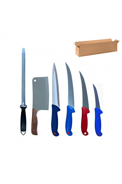 Herum 8-piece Butchery Knife Set with Cleaver, Masat and Protective Gloves, Colored Handles