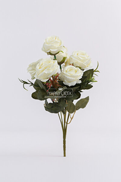 Yapay Çiçek Deposu Yapay 7li İri Kafa Küçük Demet Gül Beyaz