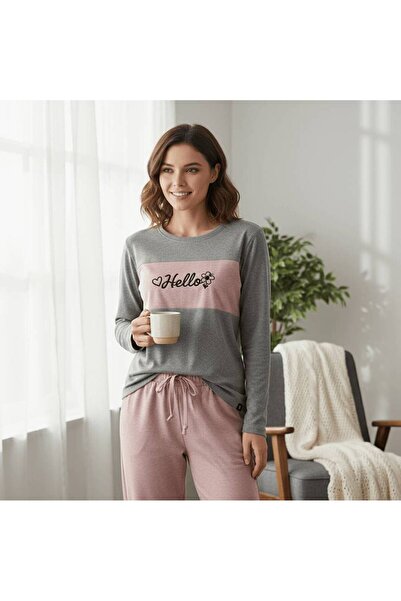 alqarat Women's 'Hello' Graphic Long-Sleeve Pajama Set