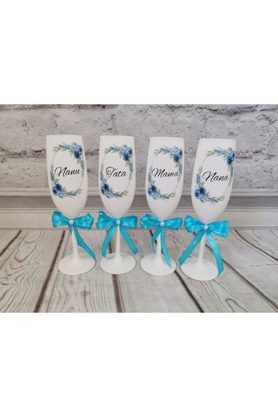 OEM Set of 4 christening glasses with blue flowers 210 ml