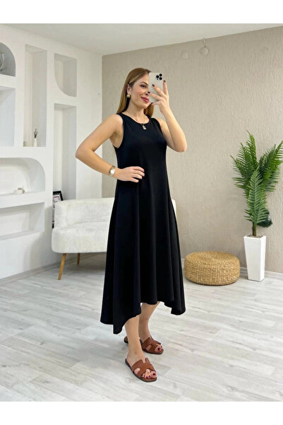 nedo7 Women's strap round neck asymmetric cut detailed viscose dress