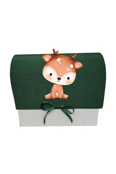OEM Cutie cadou pentru botez, 34x30x17 cm, verde închis, motiv cu căprioare bej