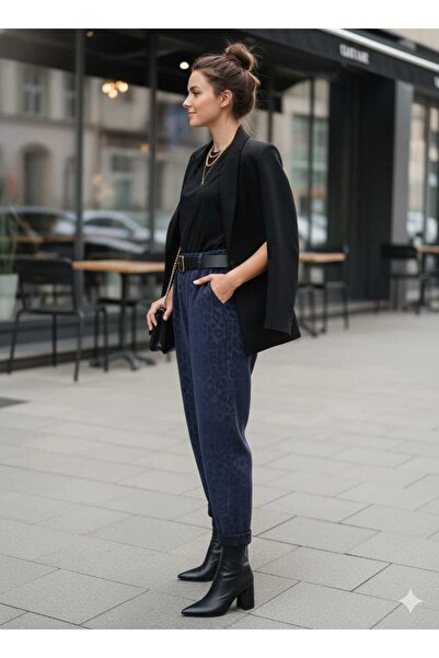 Punta Otantik Nc242976 Italian Leopard Print Leather Trousers Navy Blue