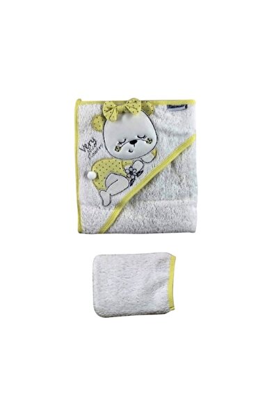 Miniworld Set de 2 prosoape cu glugă pentru bebeluși „Ursuleț” cu mănușă, bumbac, alb/galben, 0-24 luni