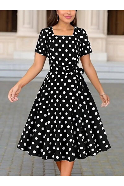nedo7 Women's Short Sleeve Geometric Collar Polka Dot Kiloş Midi Single Jersey Dress