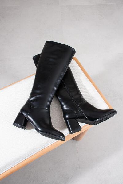 FSKOMBİN Loger Women's Black Leather Low Thick Heeled Boots