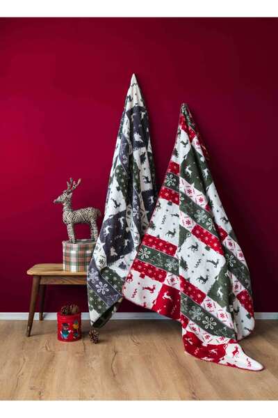 SESLİ TEKSTİL Yılbaşı Temalı Pamuklu Çift Kişilik Battaniye - Kırmızı