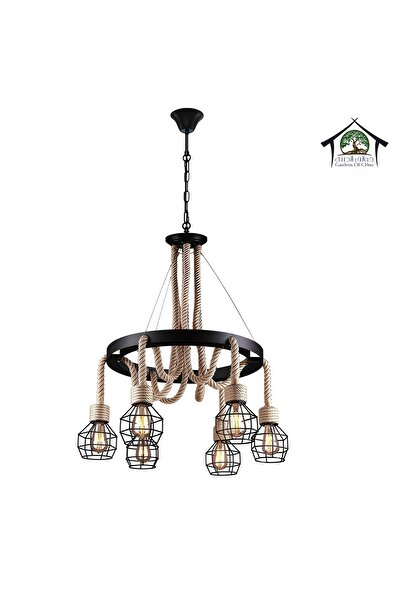 ETRONIK 6 Lights American Industrial Iron Cage Pendant Light Fixture w Hemp Rope Ceiling Chandelier
