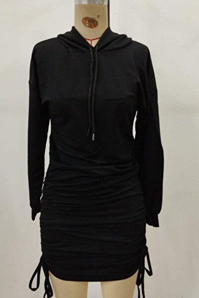 Mossta Hooded Ruched Detail Mini Viscose Two Thread Dress - Black