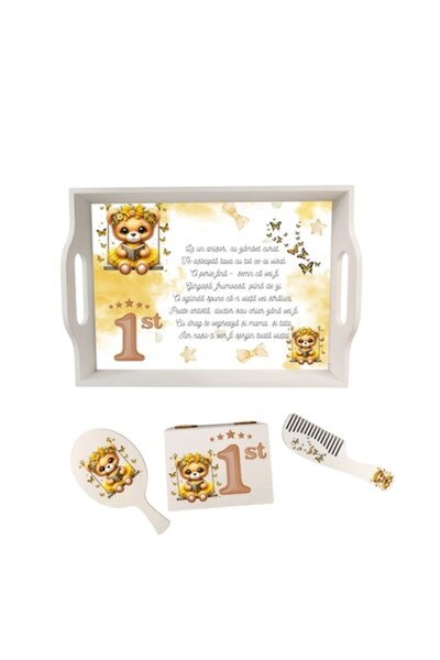 OEM Set de tuns pentru prima aniversare a bebelușului - Galben cu ursuleț de pluș, tavă personalizată, perie, pieptene și...