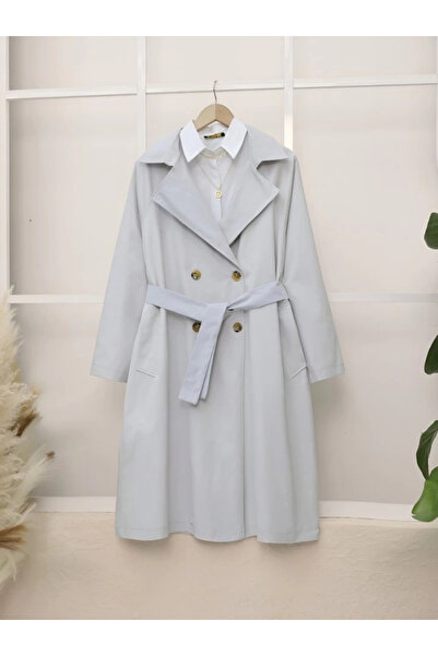 nedo7 Bolero Detailed Belted Araboy Trench Coat - Light Gray