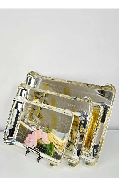 Generic 3Piece Stainless Steel Serving Tray Set With Handle - 48x38 / 40x33 / 33x26 cm