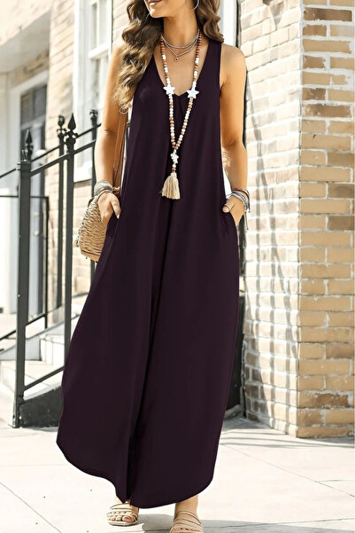 nedo7 Women's Strap Round Neck Pocket Casual Long Viscose Jumpsuit