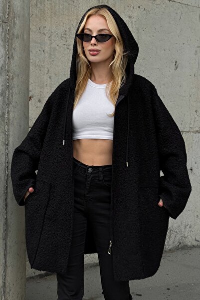 Chiccy Black Hooded Long Sleeve Zippered Pocket Unlined Boucle Casual Oversized Woven Coat 81 80