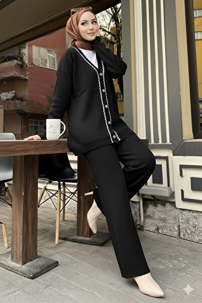 New Deux Women's Stripe Accessory Detailed Knitwear Jacket Set