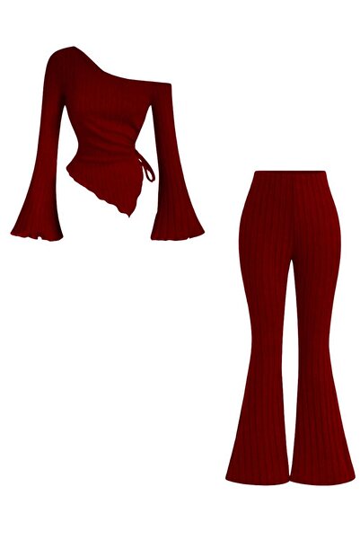 albaroda Bluză și pantaloni evazat pentru femei, bordeaux, cu șnur lateral