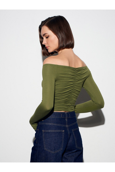 Dilvin 32089 Off-The-Shoulder Gathered Top-Light Khaki