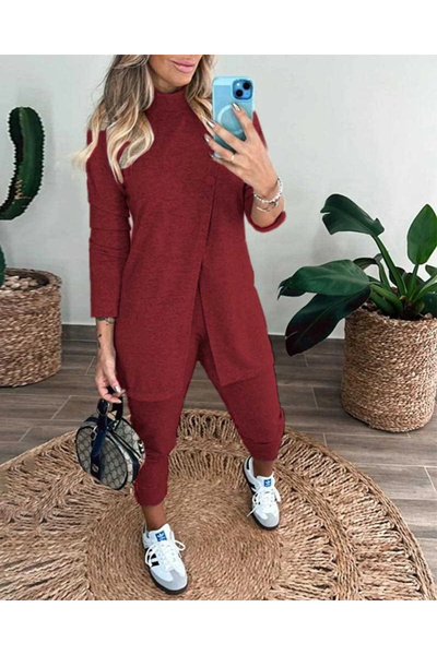 nedo7    بلوزة وبنطلون نسائي بأكمام طويلة وياقة مدورة وأزرار أمامية، طقم مكون من قطعتين