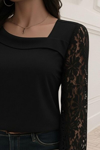 Mossta Asymmetrical Collar Lace Imported Crepe Blouse - Black