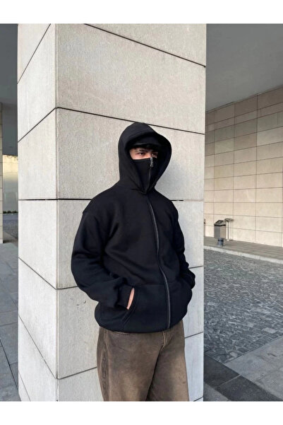 Alfanora Samurai Ninja Double Hooded Zip Full Zip Hoodie Swetshirt with Kangaroo Pocket - Black