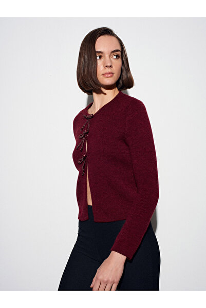 Dilvin 60983 Bow Detailed Knitwear Cardigan-Light Burgundy