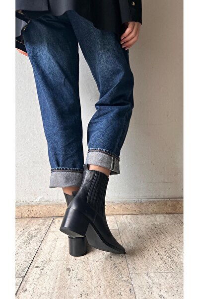 ESSO LA MİA Kadın KÜT Burun Çift Lastikli Kalın Topuklu BotSİYAH DERİ ÇİLT