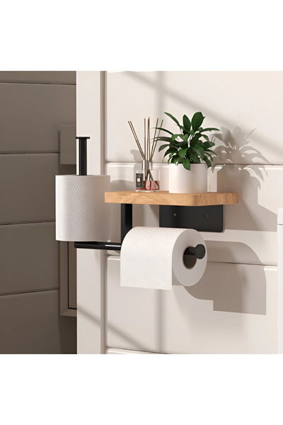 Next Trend Toilet paper holder with wooden shelf and spare roll
