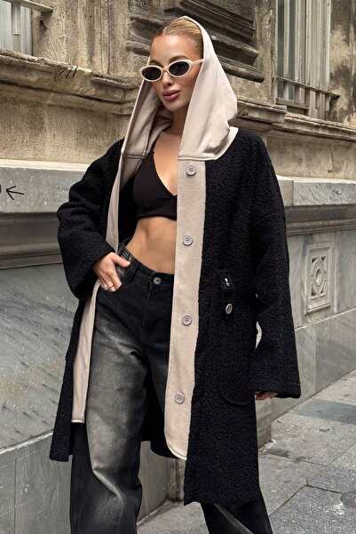 Chiccy Black Hooded Long Sleeve Zippered Pocket Unlined Boucle Casual Oversized Woven Coat 93 69