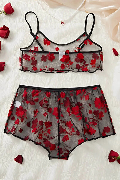 TeniModa Çiçek Desenli Siyah Transparan Şortlu Gecelik TM1377