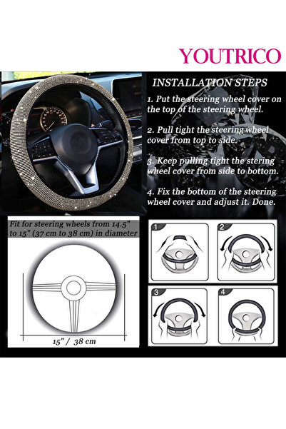 Youtrico Crystal Diamond Rhinestone Steering Wheel Cover-Fits 14 to 15 Inches (35.6-38.1cm)