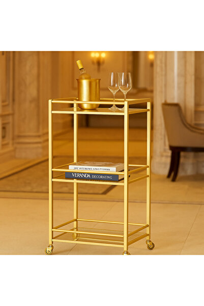 YINZUO 3-Tier Bar Cart with Clear Glass Shelves & Welded Metal Frame – No Installation Needed