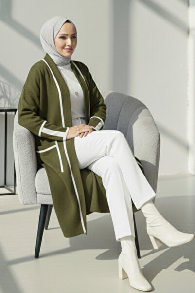 benguen Μακρύ πλεκτό ζακέτα με τσέπες R7065 Χακί