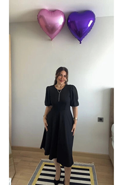 nedo7 فستان نسائي قصير بأكمام بالون وياقة دائرية من كيلوش جانجان كريب