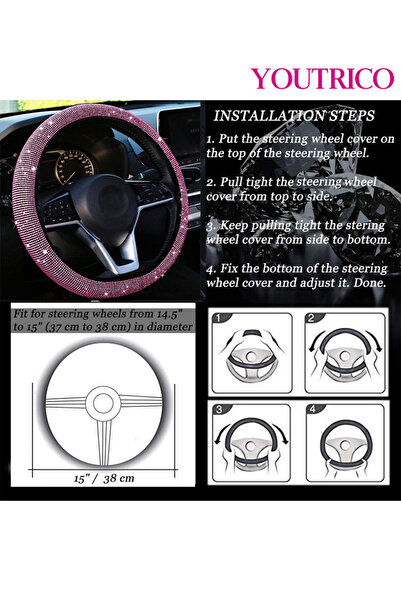 Youtrico Crystal Diamond Rhinestone Steering Wheel Cover-Fits 14 to 15 Inches (35.6-38.1cm)