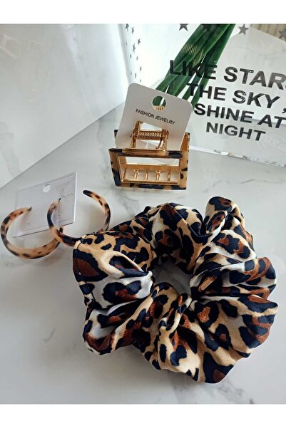 ShineByMe Leopar Desenli Gift Set Yılbaşı Hediye Scrunchie Lastik Toka,mandal...