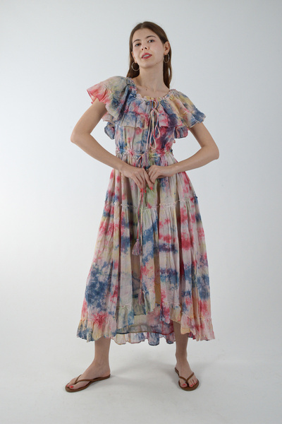 REİNA TEKS Bohemian Dress 1 Piece Ethnic Rainbow Tie-Dye Retro Dress