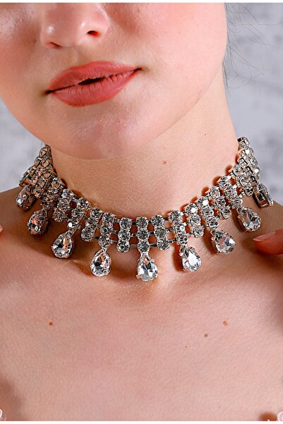 Jewelliss Kristal Çoklu Damla Taşlı Kolye Modeli Kadın Zirkon Gümüş Choker Ta...