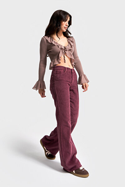 its basic Pantaloni de damă, culoare prune, 29w5-52, cu talie medie, cu tăietură evazată, gros, material reiat din țesătură de catifea