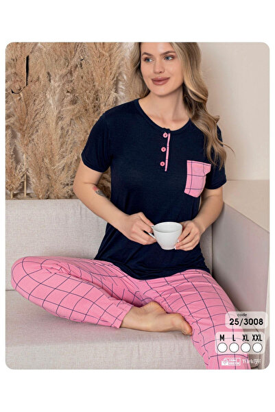 Night Star طقم بيجامة باللون الأزرق الداكن مع مربعات وردية