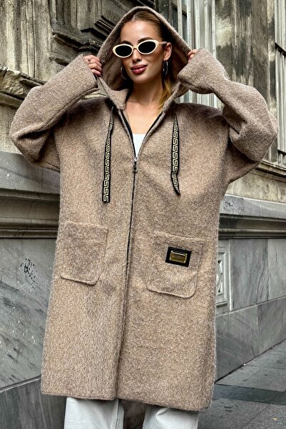 Chiccy Beige Hooded Long Sleeve Zippered Pocket Unlined Boucle Casual Oversized Woven Coat 100 62
