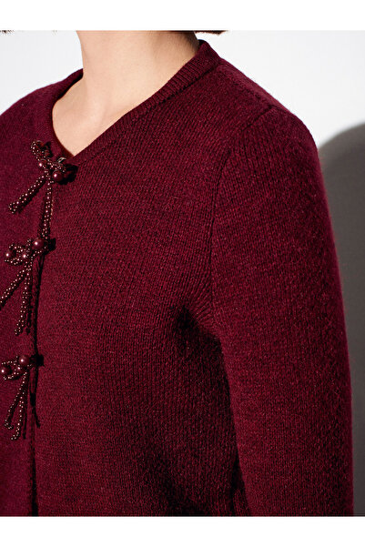 Dilvin 60983 Bow Detailed Knitwear Cardigan-Light Burgundy