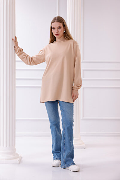 ASLINUR Kadın Vizon Bisiklet Yaka Uzun Kol Salaş Tunik