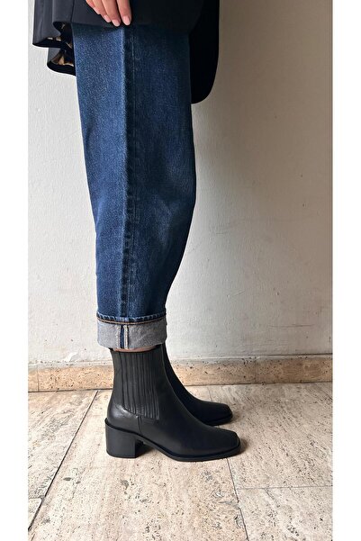 ESSO LA MİA Kadın KÜT Burun Çift Lastikli Kalın Topuklu BotSİYAH DERİ ÇİLT