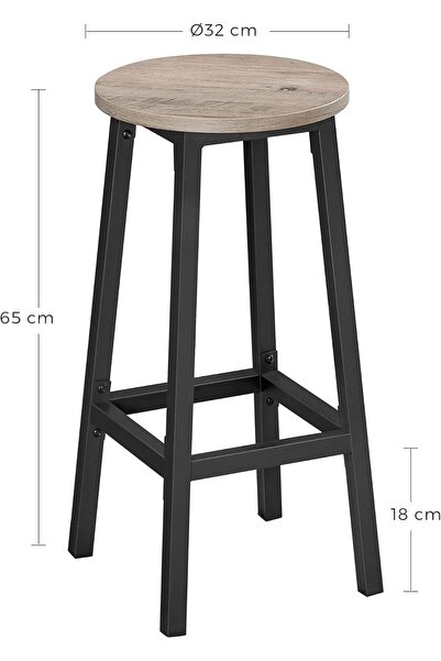 VASAGLE Set of 2 high bar stools, round seat, steel frame, height 65 cm, industrial style, gray