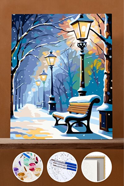 Pastelya Sayılarla Boyama Seti Çerçeveli Kasnaklı Karlı Bank 40x50 cm