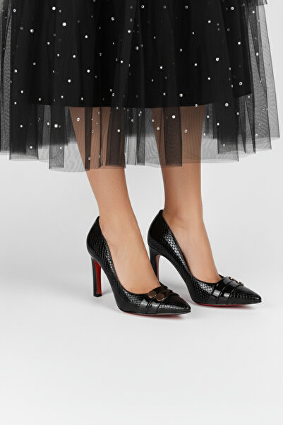 Extra Shoes İstanbul Women's Black Patent Leather Snake Patterned Gold Buckle Detailed Mirrored Jurdan Stiletto