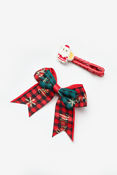 Le Mabelle Multi-Colored Santa Claus and Plaid Ribbon Bow 2-Piece Clip Buckle Set